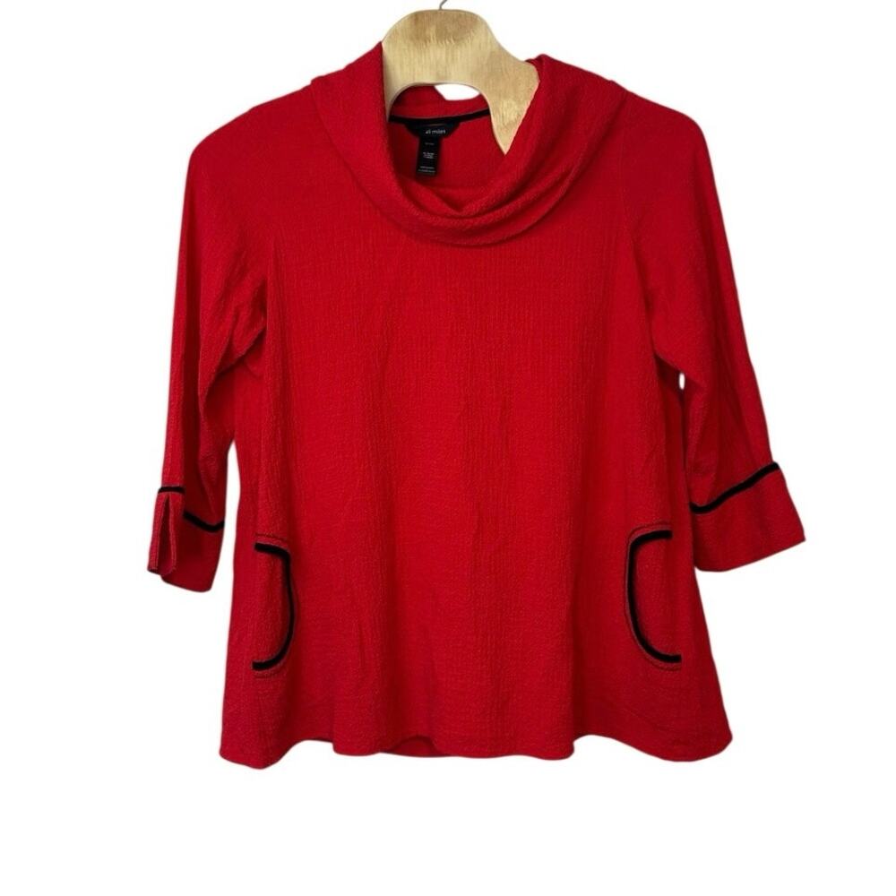 Ali Miles Cowl Neck 3/4 Sleeve Tunic Top Size 2X Red Black Trim Lagenlook
